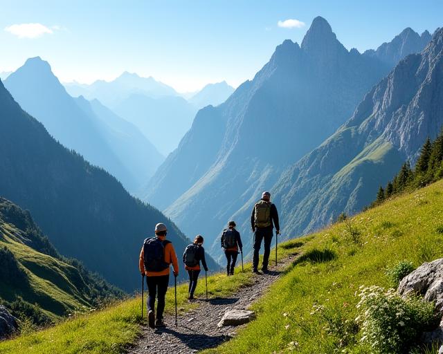 Wanderer auf einem Bergpfad in den Schweizer Alpen