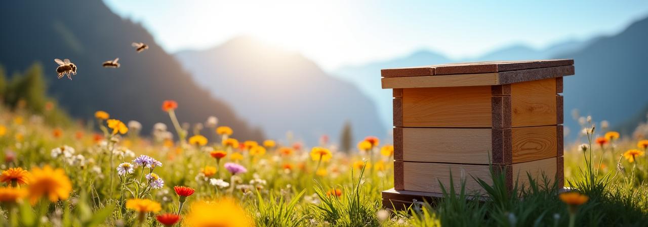 Bienenstock des Hotels mit blühender Alpenwiese im Hintergrund