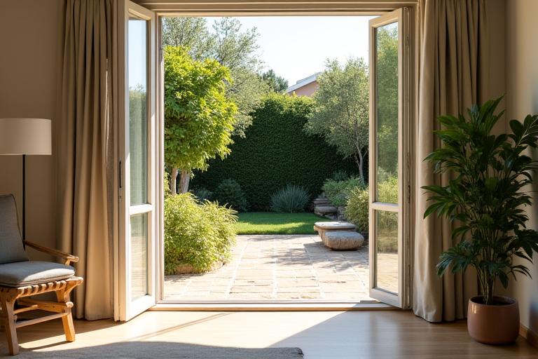 Gartensuite mit offener Terrassentür und Blick ins Grüne